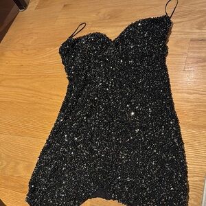 Retrofete Black Sequin Babydoll Mini Dress